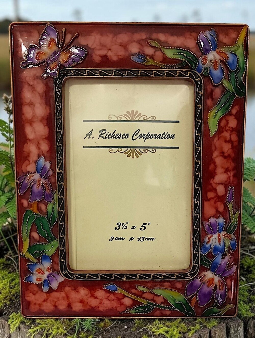 Vtg‎ Richesco Cloisonne Photo Picture Frame Enameled Iris Butterfly Floral 3.5x5